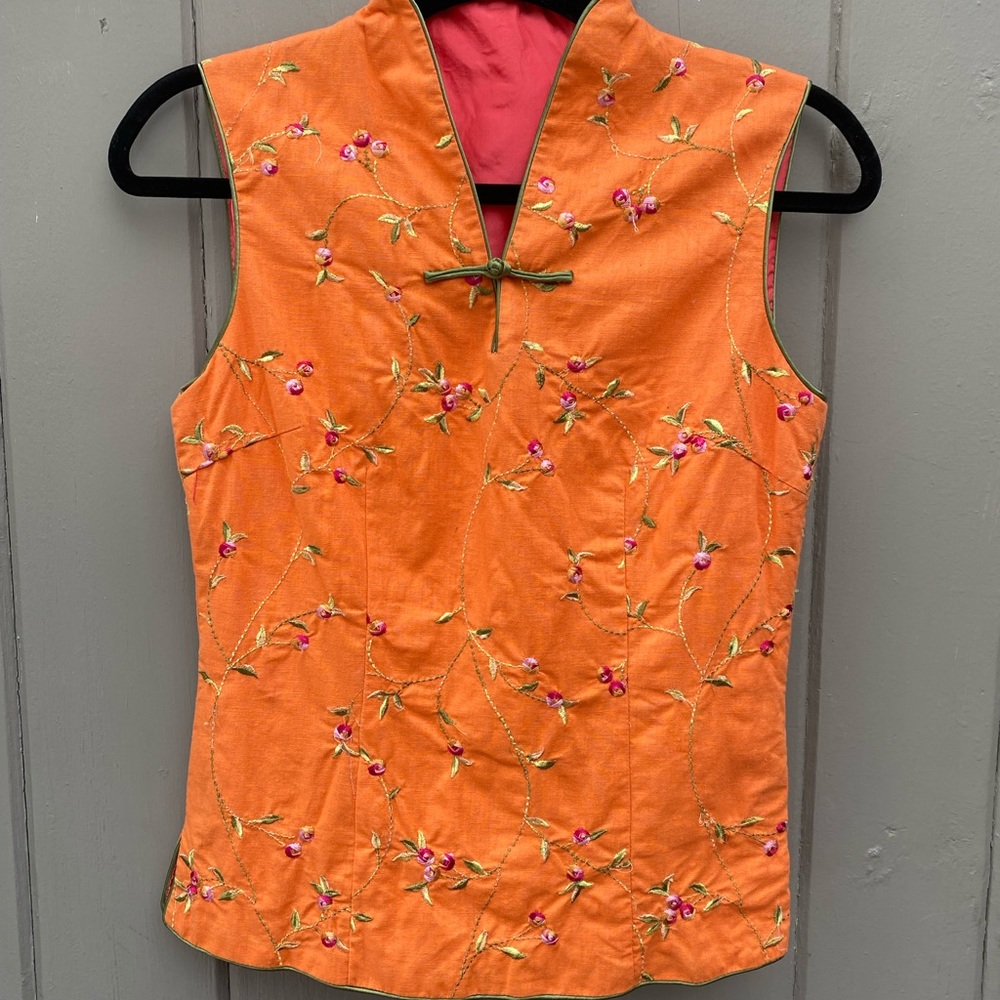 Orange Linen Cheongsam Top with Rose Floral Embroidery  Frog Knot // US Size M